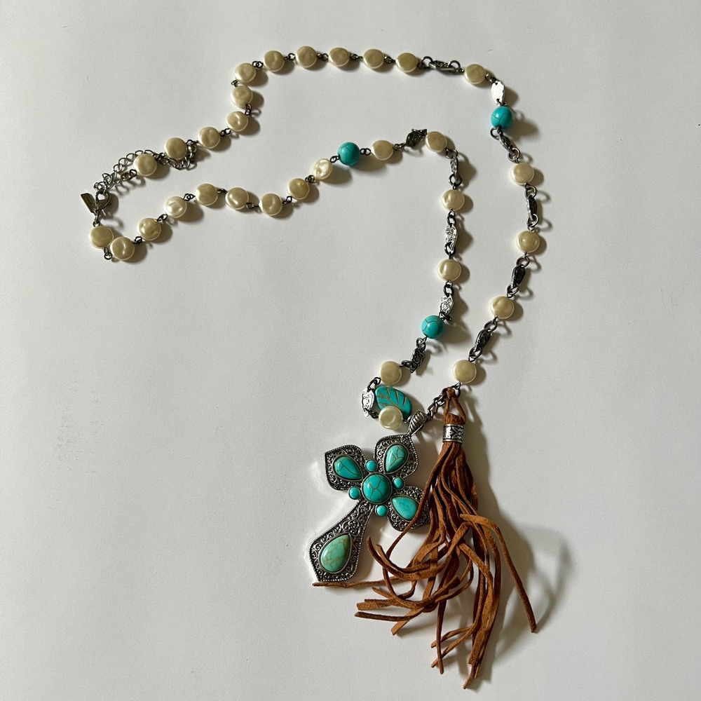 Shyanne Western Cross Necklace Faux Turquoise Pearl Leather Tassel Silver Tone